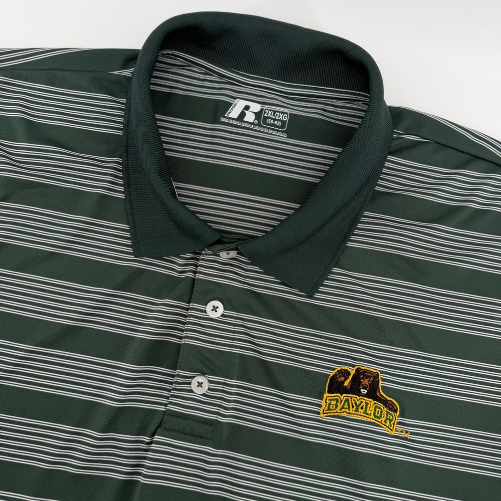 Russell Athletic Polo Shirt Mens 2XL Green Striped Baylor Bears NCAA Collegiate